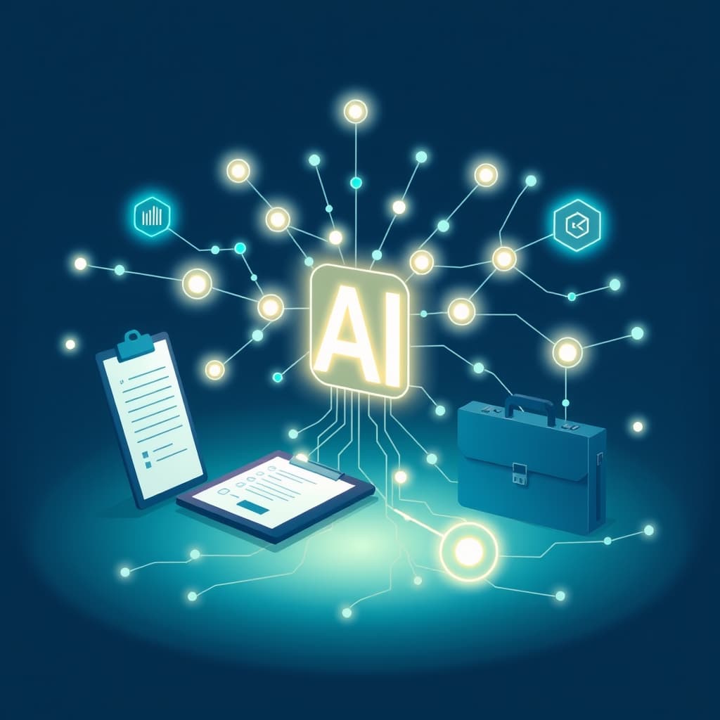 A clean vector flat illustration of an abstract AI network of glowing nodes and data streams flowing around stylized office tools like a clipboard and a briefcase, using a cool blue‑green palette, conveying the subtle but pervasive impact of AI on jobs. No text, no logos, cinematic composition.
