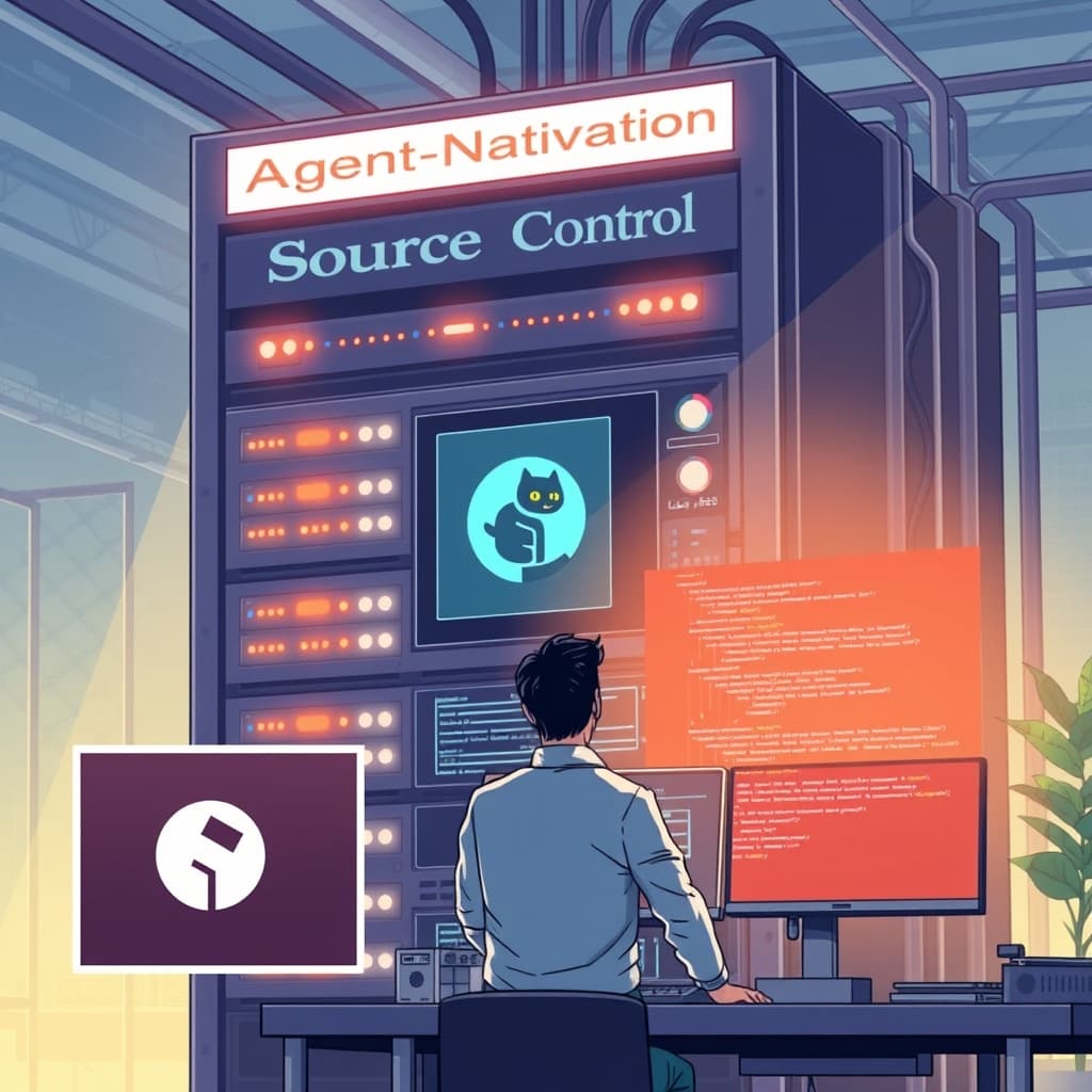 Create an original premium technology-news editorial illustration featuring a dominant server rack labeled “Agent‑Native Source Control” with glowing connections to multiple developer workstations; in the foreground, a developer in a modern office watches an AI‑driven code assistant merge pull requests on a large screen; a smaller inset shows the GitHub logo fading behind the server, indicating a shift away from the traditional hosting model; the scene conveys the transition from client‑centric Git tools to server‑centric AI agents; use a clean, high‑tech editorial style with subtle corporate branding only for Anthropic and Cursor; cinematic composition.