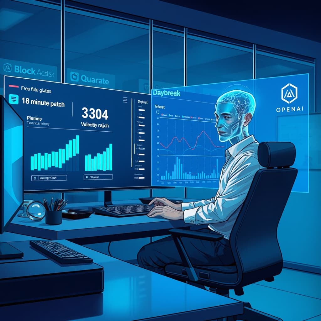 Create an original premium technology-news editorial illustration featuring a confident security analyst seated at a modern workstation, collaboratively reviewing code with a holographic AI avatar labeled “Daybreak” projecting data streams of vulnerability graphs; the scene shows a large digital dashboard displaying a rapid “18‑minute patch” timer and a timeline compressing seven months of telemetry into a single hour‑long replay; in the background, subtle logos of Block, Square, Cash App and Afterpay appear on office glass, while a faint OpenAI logo glows on the AI avatar’s interface; the composition emphasizes the analyst‑AI partnership, with the analyst in the foreground, the AI hologram slightly behind, and the dashboard as secondary; use a sleek, corporate‑tech editorial style with cool blues and metallic accents; cinematic composition.