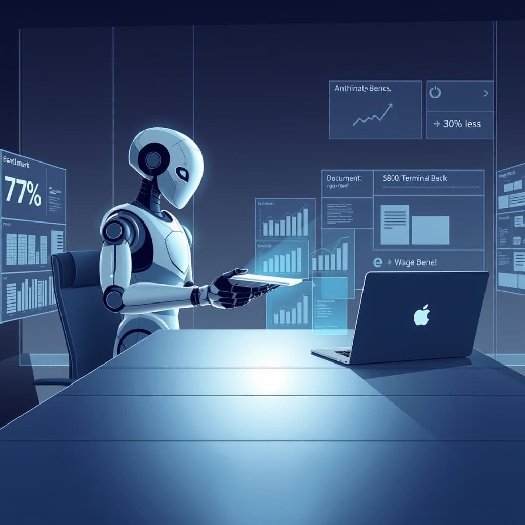 Create an original premium technology-news editorial illustration featuring a sleek, futuristic office desk as the dominant visual element, with an anthropomorphic AI assistant (represented by a stylized, glowing holographic figure) handing a polished slide deck to a focused professional. The scene should depict the AI rapidly generating documents and spreadsheets on multiple transparent screens, emphasizing speed and efficiency. In the background, a subtle display shows benchmark numbers (e.g., “70.6 % Terminal‑Bench”) and cost icons indicating “30 % less”. The Anthropic logo appears discreetly on a laptop screen to identify the brand without dominating the composition. Use a clean, modern editorial style with muted corporate colors and a cinematic composition.