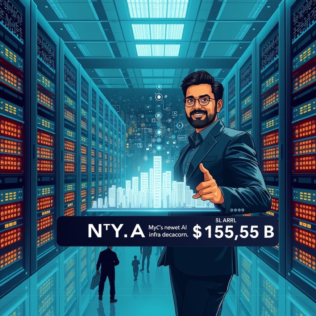 Create an original premium technology-news editorial illustration featuring a dominant visual of a modern data center with glowing server racks arranged like a city skyline, foregrounded by a confident CTO (representing Akshat Bubna) gesturing toward a holographic interface displaying millions of tiny sandbox icons scaling upward. In the background, a bustling urban scene of New York silhouettes hints at “NYC’s newest AI infra decacorn.” Supporting elements include a sleek Accel logo on a banner beside the CTO and subtle floating numbers indicating $1 B ARR and $15.75 B valuation. The style should be clean, high‑tech, with realistic lighting and a cinematic composition.