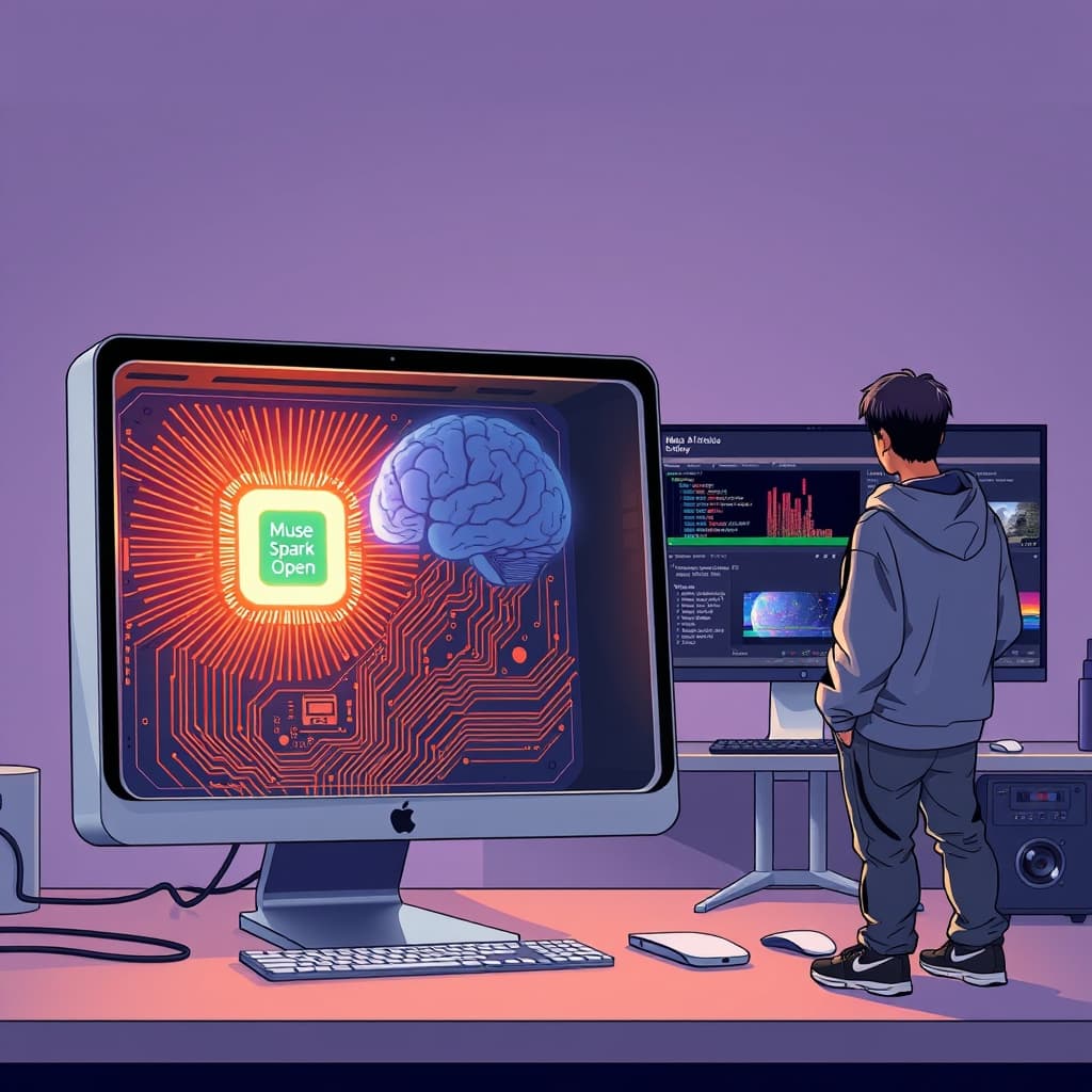 Create an original premium technology-news editorial illustration featuring a sleek Apple Mac Studio with an M5 Ultra chip front and center, its open chassis revealing a glowing circuit board that symbolizes a massive AI brain labeled “Muse Spark Open”. A developer in a casual tech hoodie stands beside the machine, looking at a large monitor displaying code snippets and a video‑editing timeline, indicating the model’s coding and DaVinci Resolve capabilities. In the