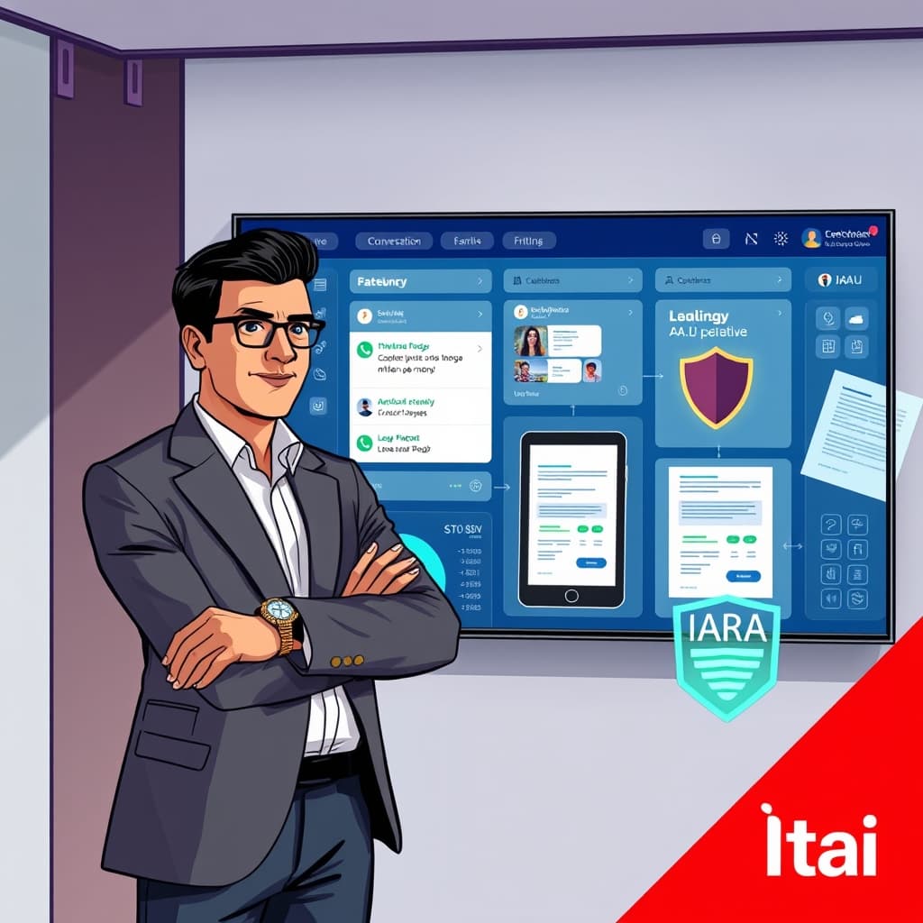 Create an original premium technology-news editorial illustration featuring a confident Brazilian bank executive standing beside a large digital dashboard that displays a conversational AI avatar interacting via text, voice waveforms, and image thumbnails; the dashboard highlights a seamless flow between a mobile phone showing a WhatsApp chat, a tablet with a financial statement, and a background wall of legal documents; the scene conveys the ia.i conversational layer uniting diverse banking services while a subtle overlay of a governance shield represents the IARA platform; the bank’s logo appears discreetly on the executive’s lapel and on the dashboard’s corner to identify Itaú without dominating; render in a clean, modern editorial style with realistic lighting and a professional office setting; cinematic composition.