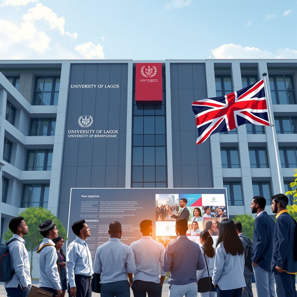 Create an original premium technology-news editorial illustration featuring a modern university campus building in Lagos as the dominant visual element, with the University of Lagos and University of Birmingham logos subtly integrated on the façade; in the foreground, a diverse group of Nigerian graduate students—men and women in business‑casual attire—are gathered around a sleek digital display showing AI code snippets on one side and a vibrant digital media storyboard on the other, symbolising the two new programmes; a British High Commission flag waves gently nearby, indicating diplomatic involvement; the scene is set during daylight with clear skies, conveying optimism and forward momentum; the visual style should be clean, professional and reminiscent of high‑end technology magazine editorial art, with realistic lighting and depth; composition places the campus and student group centrally, while secondary elements like the flags and logos occupy peripheral space; avoid excessive text or generic AI icons; cinematic composition.