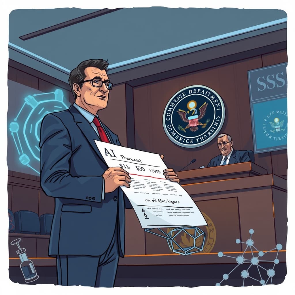 Create an original premium technology-news editorial illustration featuring Anthropic’s chief executive Dario Amodei standing beside a large, stylized AI model diagram, both dominant in the frame. The scene shows Amodei presenting a legislative document marked with "$1 B" and "50 lives" to a solemn judge in a federal courtroom, while a background screen displays a glowing Commerce Department seal. The illustration conveys the bill’s trigger thresholds and the judicial review process. Include subtle references to AI‑enabled threats such as a faint silhouette of a bioweapon vial and a cyber‑attack network diagram in the margins. Render in a realistic, high‑detail editorial style with muted corporate colors, emphasizing the seriousness of AI safety legislation. cinematic composition