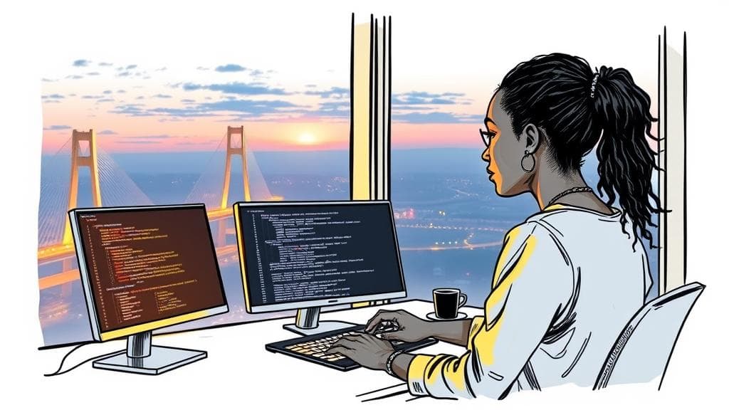 Editorial ink sketch: A young African female developer in a Lagos high-rise office looking out at the Lekki-Ikoyi Link Bridge at twilight. Her desk features a dual-monitor setup displaying complex code architectures and neural network nodes. A subtle, stylised golden OpenAI logo glows faintly on the side of her sleek laptop. The mood is analytical and focused, with warm interior desk lighting contrasting against the deep blue twilight sky. No text, no logos, cinematic composition.