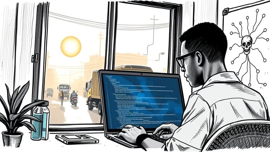 Editorial ink sketch: A young African developer in a vibrant Lagos tech hub looking intently at a laptop screen showing complex Claude API code, while outside the window a bustling street shows a Legend Internet maintenance truck under a hazy afternoon sun, subtle electric blue highlights on the laptop screen and neural pathways on a nearby whiteboard, dramatic lighting, daytime, no text, no logos, cinematic composition.